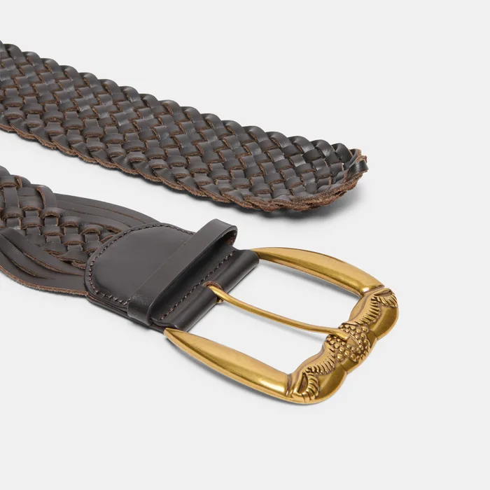 Western Espresso Woven Leather Belt with Silver Buckle — view 4