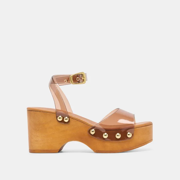YASMON Whiskey Vinyl Jelly Open-Toe Wood Sole Wedges — view 2