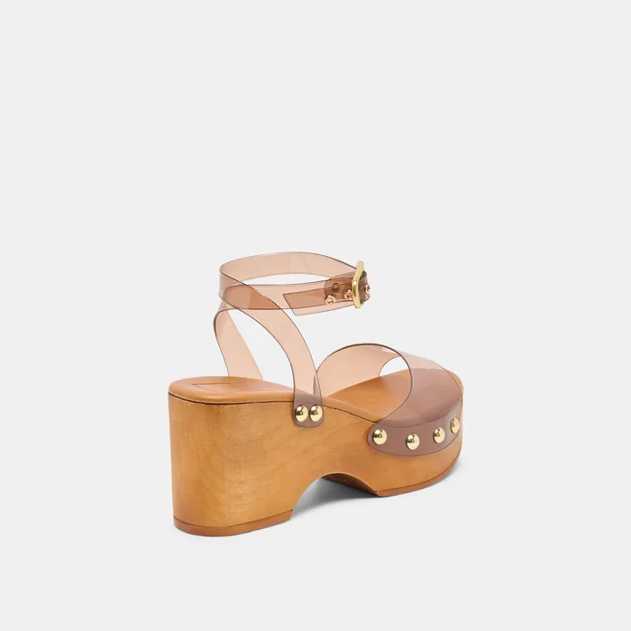 YASMON Whiskey Vinyl Jelly Open-Toe Wood Sole Wedges — view 4