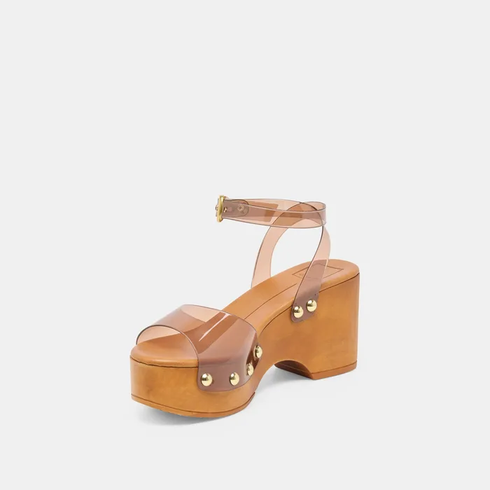 YASMON Whiskey Vinyl Jelly Open-Toe Wood Sole Wedges — view 5