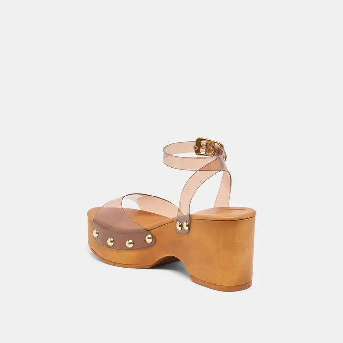 YASMON Whiskey Vinyl Jelly Open-Toe Wood Sole Wedges — view 6